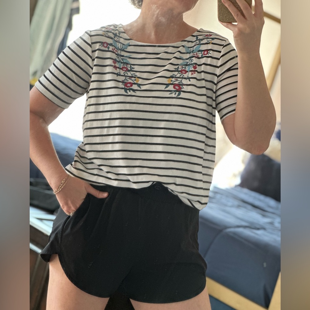Black and white stripe top with embroidery- size small